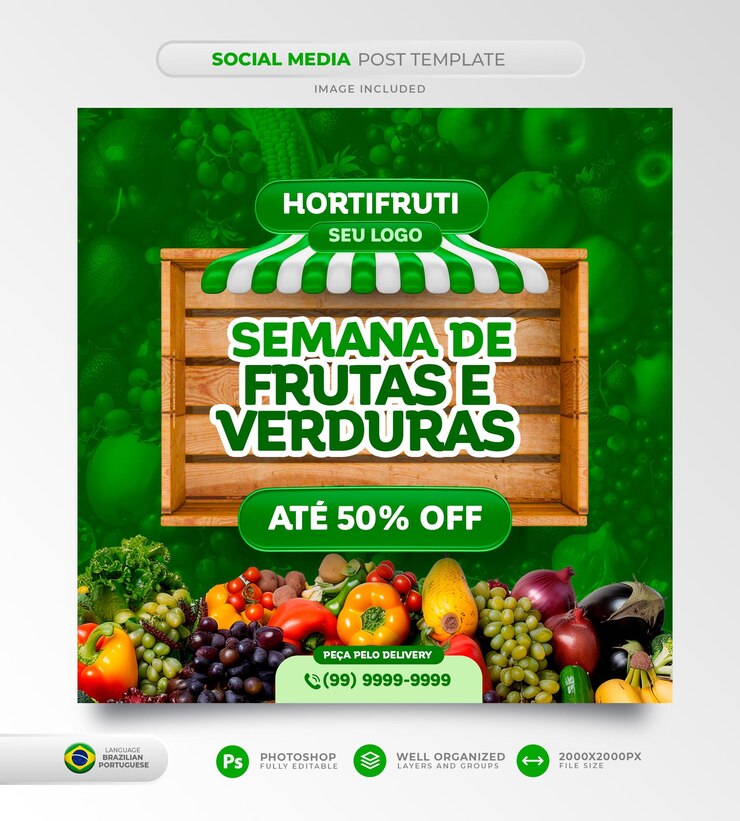 PSD post feed para la red social de frutas y verduras ofrece hortifruti en portugués brasileño