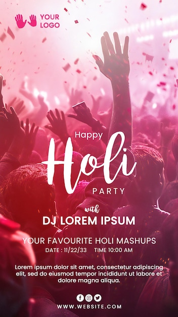 PSD post d'histoire de fête de dj pour le festival heureux de holi design de carte d'invitation pour le festival des couleurs de l'inde