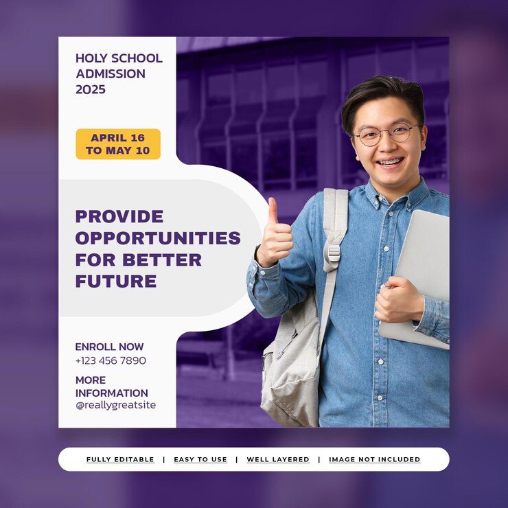 PSD post instagram di ammissione alla purple modern school