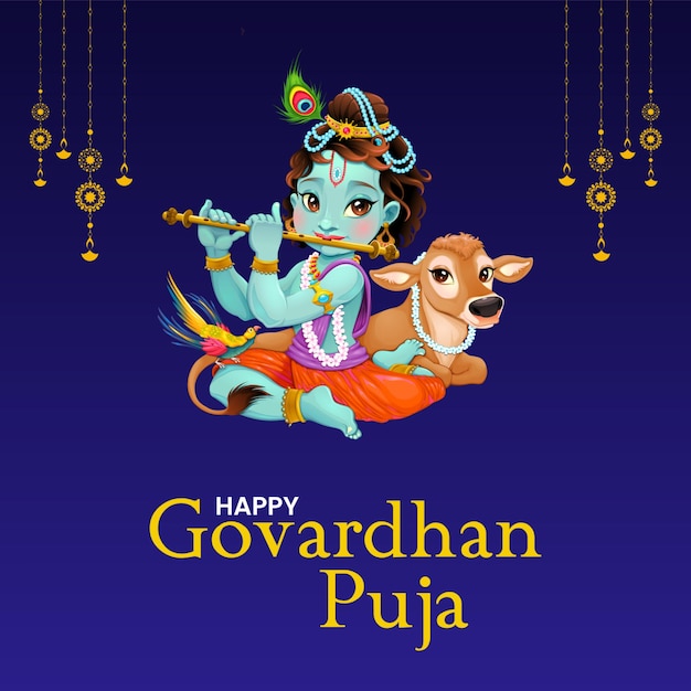 Post de Instagram ilustrado en azul y oro de Govardhan Puja