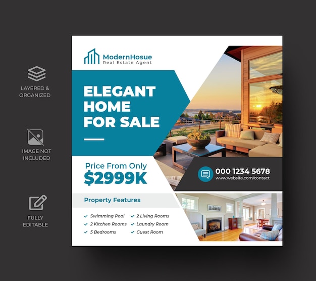 Post instagram de propriété de maison immobilière ou modèle de publicité de bannière Web carrée