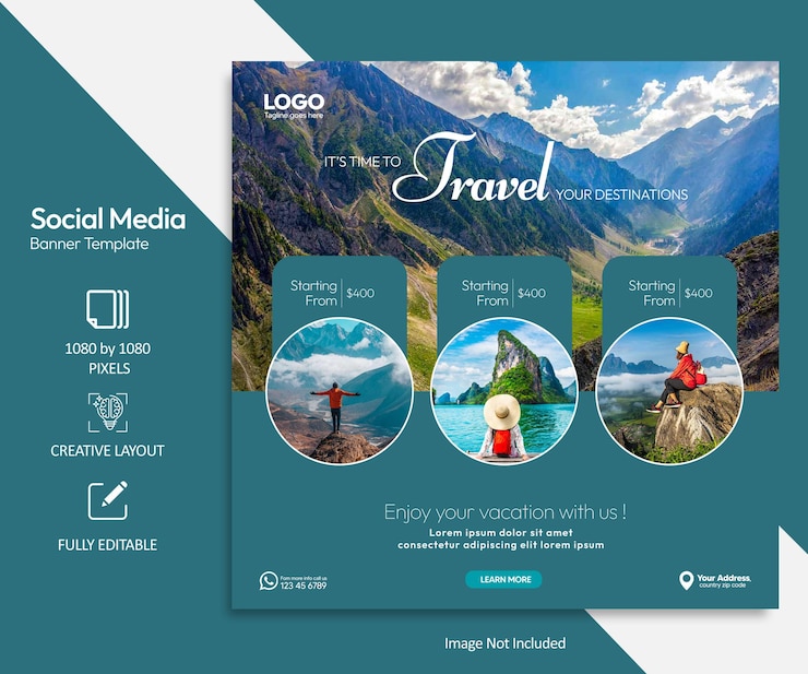 PSD post instagram de voyage et de tourisme ou modèle de post sur les médias sociaux