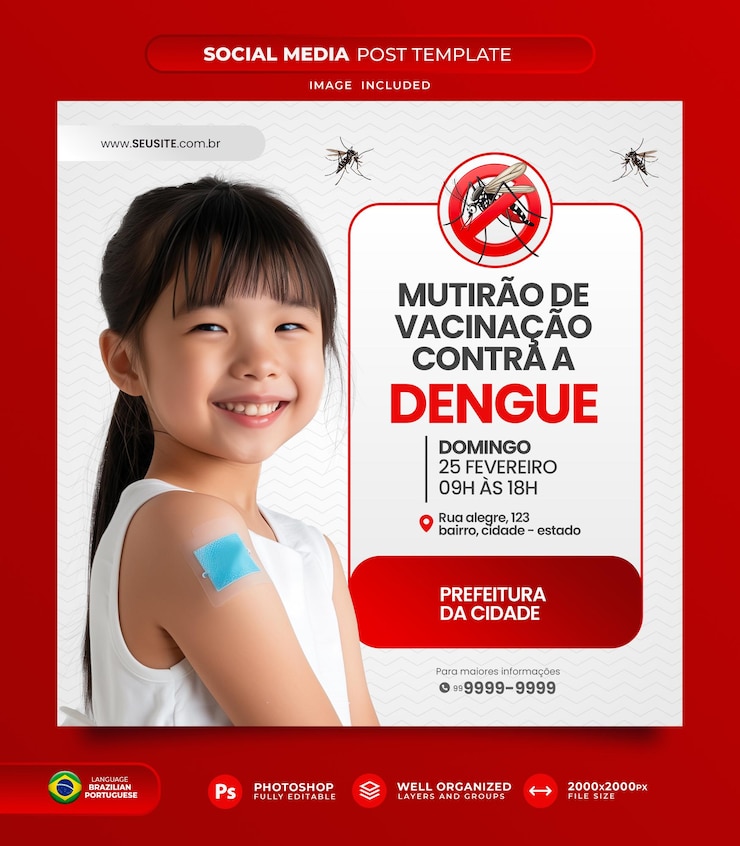 PSD post na mídia social campanha para combater e prevenir a dengue aedes aegypti em português brasileiro