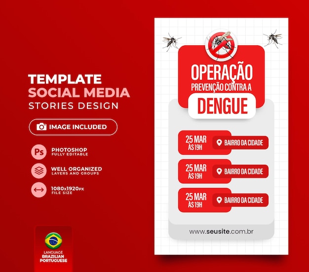 PSD post na mídia social campanha para combater e prevenir a dengue aedes aegypti em português brasileiro