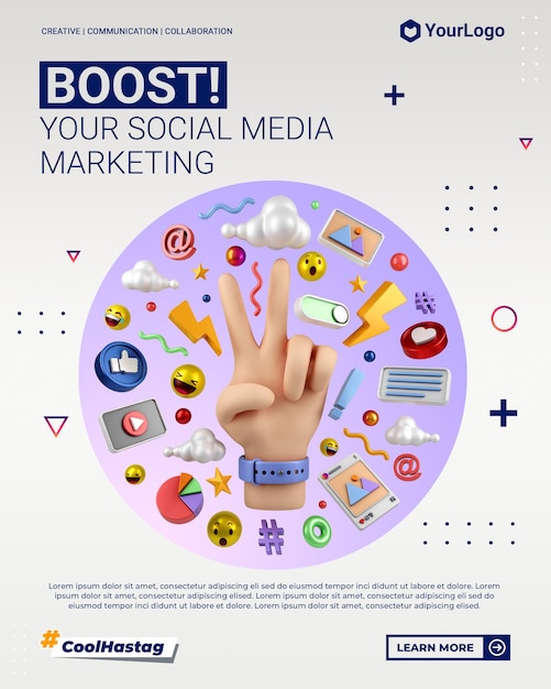 PSD post de portrait instagram marketing de médias sociaux avec modèle de rendu de main illustration dessin animé 3d