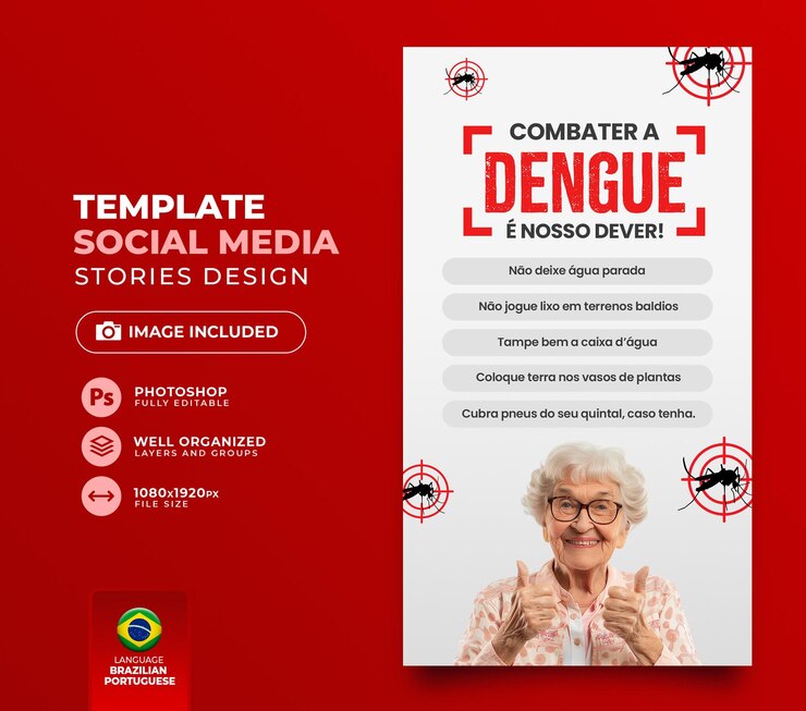 PSD post en las redes sociales campaña para combatir y prevenir el dengue aedes aegypti en portugués brasileño