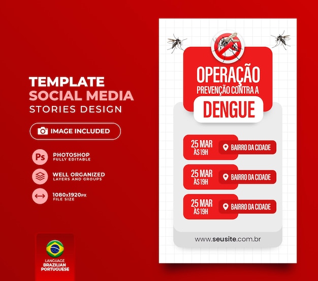 PSD post en las redes sociales campaña para combatir y prevenir el dengue aedes aegypti en portugués brasileño