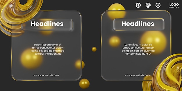 Post en las redes sociales de diseño de glassmorphism con renderización de formas abstractas en 3D
