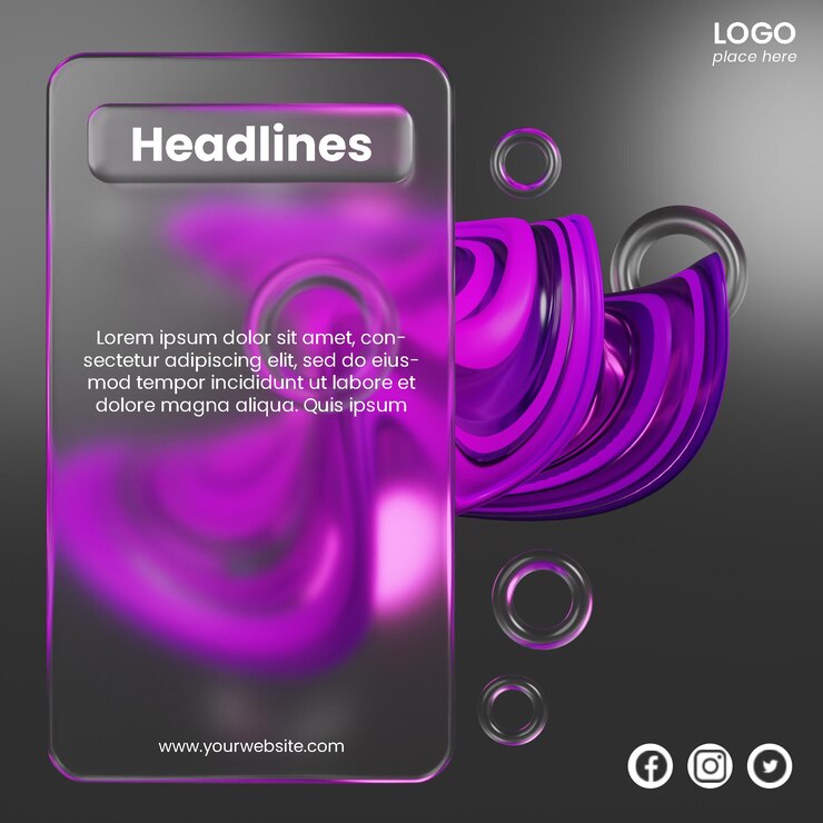 PSD post en las redes sociales de diseño de glassmorphism con renderización de formas abstractas en 3d