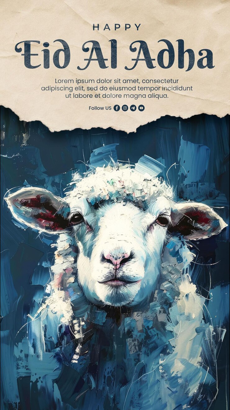 PSD un post sur les réseaux sociaux de l'aïd al-adha avec un portrait peint en arrière-plan d'un mouton calme et heureux