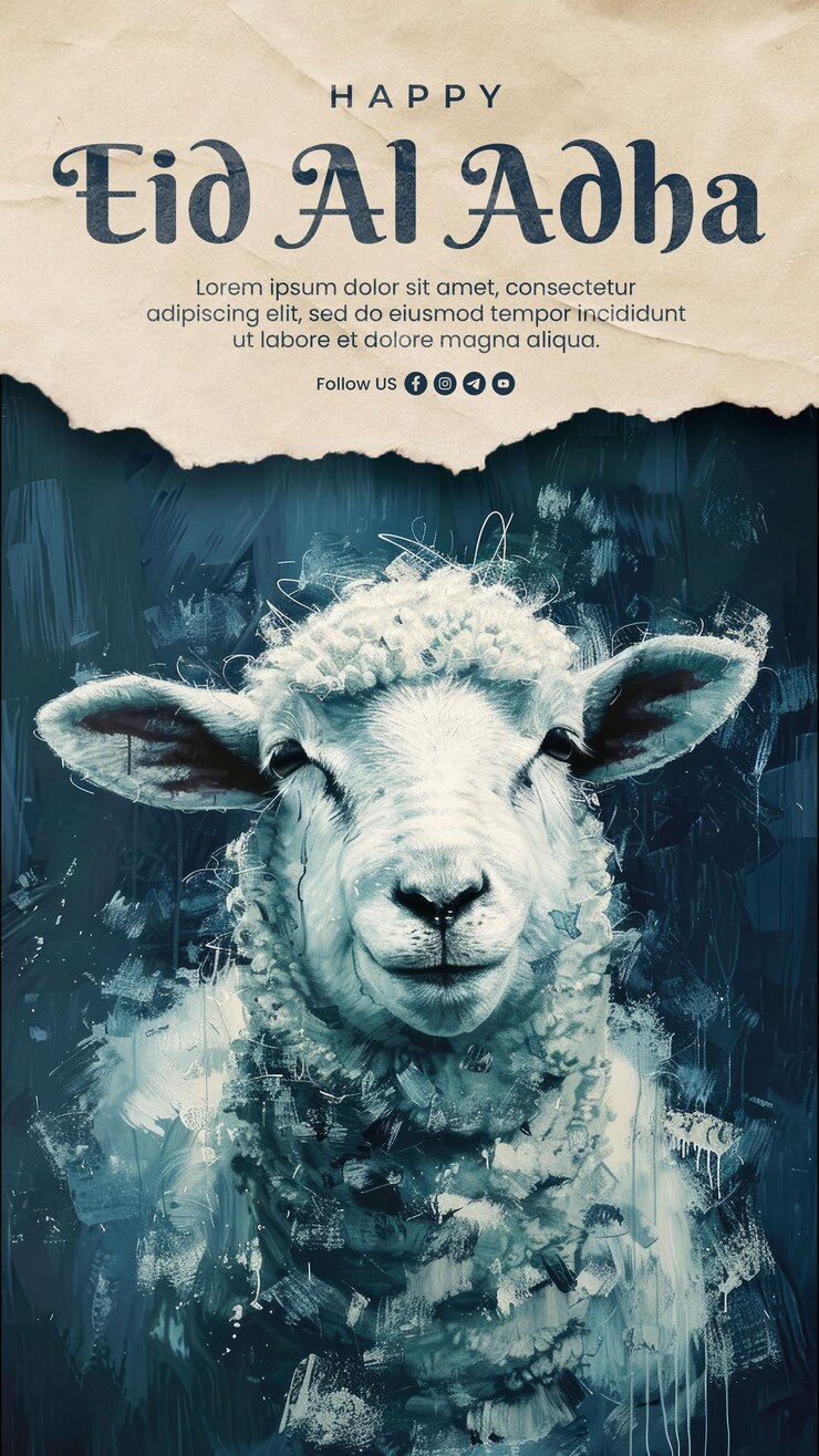 PSD un post sur les réseaux sociaux de l'aïd al-adha avec un portrait peint en arrière-plan d'un mouton calme et heureux
