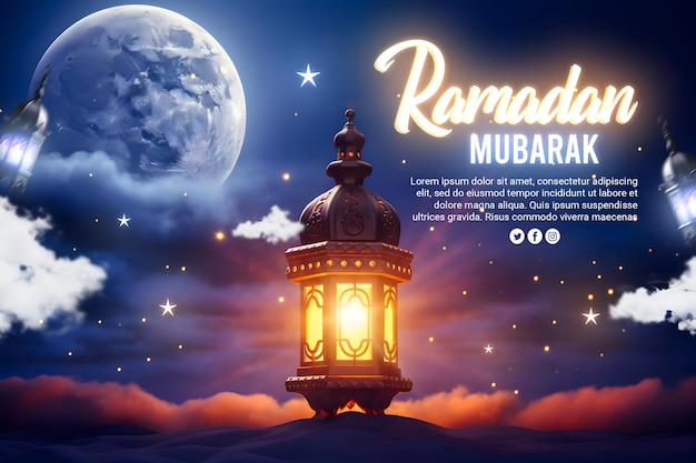 Post sur les réseaux sociaux de PSD Ramadan Mubarak avec un texte à effet néon modifiable par la Lune et une lanterne éclairante.