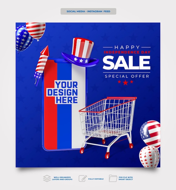 PSD post social media american independence day in 3d render template design