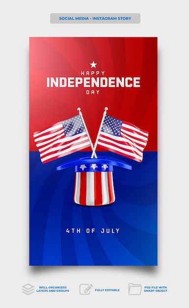 PSD post social media american independence day in 3d render template design