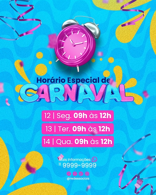 PSD post social media aviso de carnaval no brasil modelo de renderização 3d para campanha em português