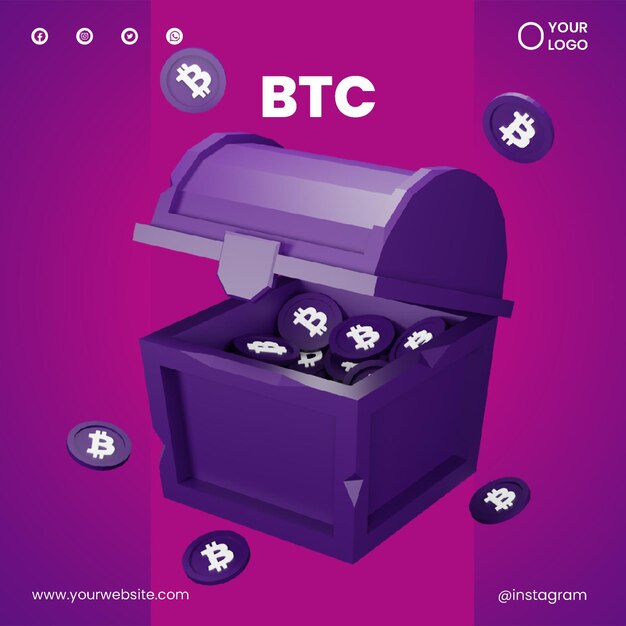Post social media bitcoin truhe mit symbol 3d-rendering