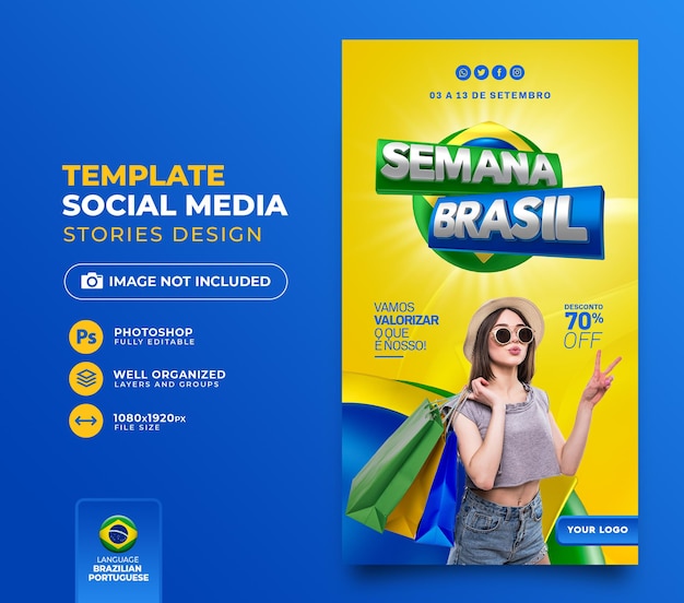 Post social media brasilianische woche 3d-rendering für marketingkampagnen-vorlagendesign auf portugiesisch