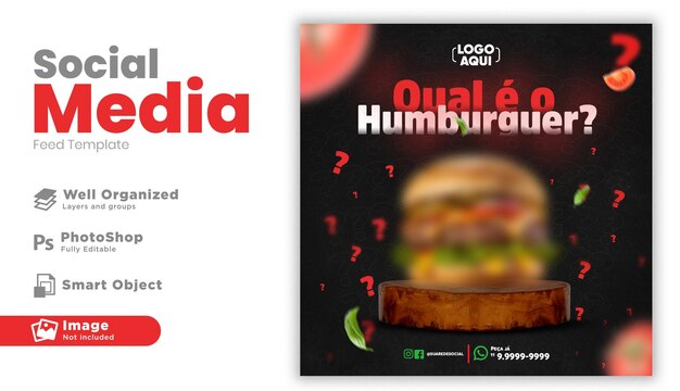 Post-Social-Media-Burger-Instagram-Vorlagendesign auf Portugiesisch für Marketingkampagne in Brasilien