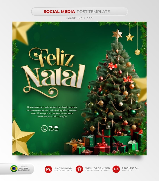 PSD post social media feliz natal em português 3d render para marketing no brasil modelo de design