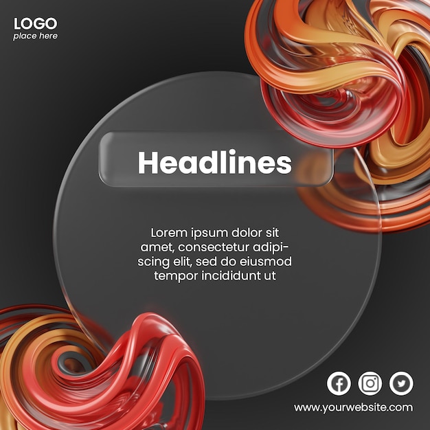 post social media of glassmorphism design with 3d abstract shapes rendering
