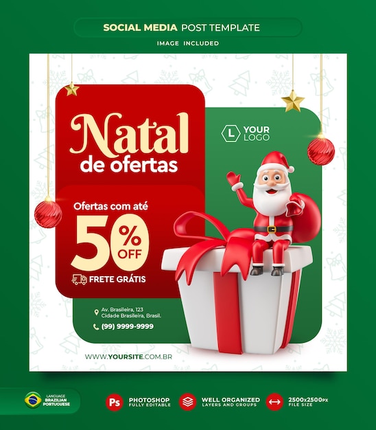 Post social media oferta de felices navidades en portugués 3d render para el marketing en brasil plantilla