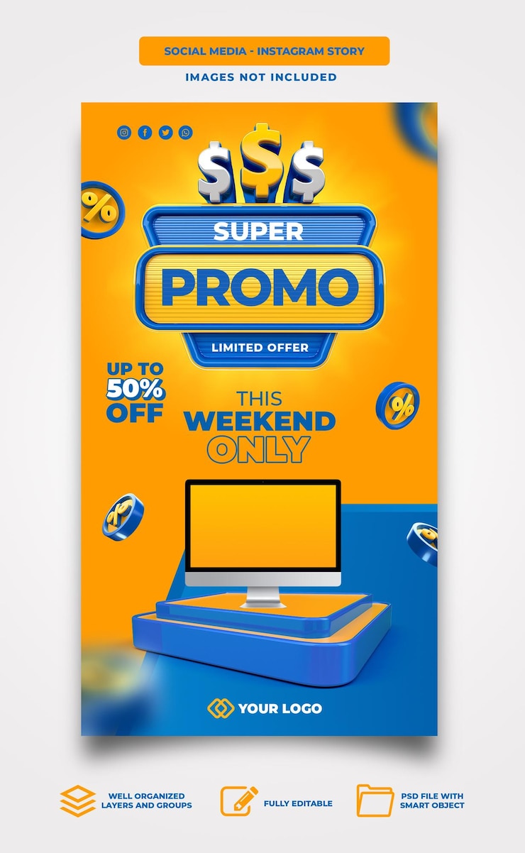 PSD post social media super promo 3d render template design vendita podio rendering 3d