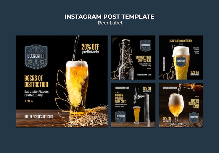 PSD post su instagram di etichette di birra a disegno piatto