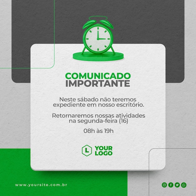 Post sui social media Annuncio importante con il rendering 3d dell'icona dell'orologio in portoghese brasiliano