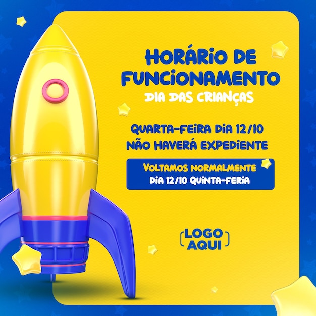Post sui social media Annuncio importante con il rendering 3d dell'icona dell'orologio in portoghese brasiliano