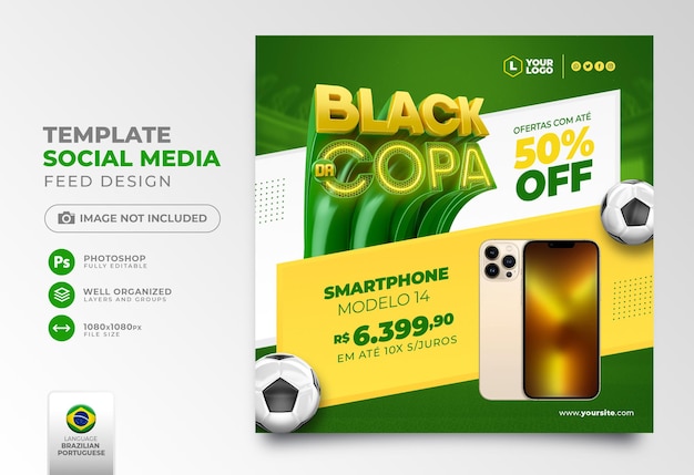 Post sui social media Coppa del mondo del Black Friday in rendering 3d per la campagna di marketing in brasile in portoghese