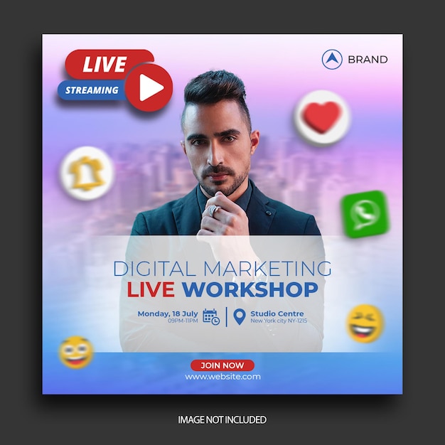 Post sui social media del workshop dal vivo, modello di post di Instagram