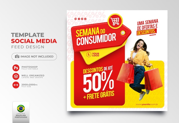 Post sui social media della settimana dei consumatori in portoghese brasiliano modello design 3d rendering