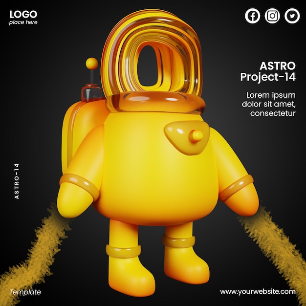Post sui social media di glassmorphism design con astronauta 3D con forme astratte
