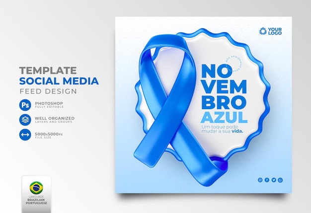 Post sui social media per la campagna Blue November in rendering 3d in portoghese brasiliano