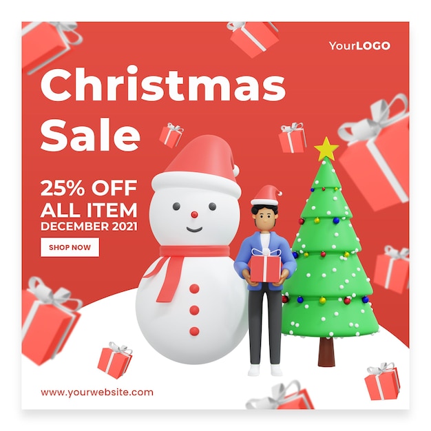Post-Vorlage Rabatt-Verkauf feiert Weihnachten 3D-Rendering 3D-Darstellung Premium Psd