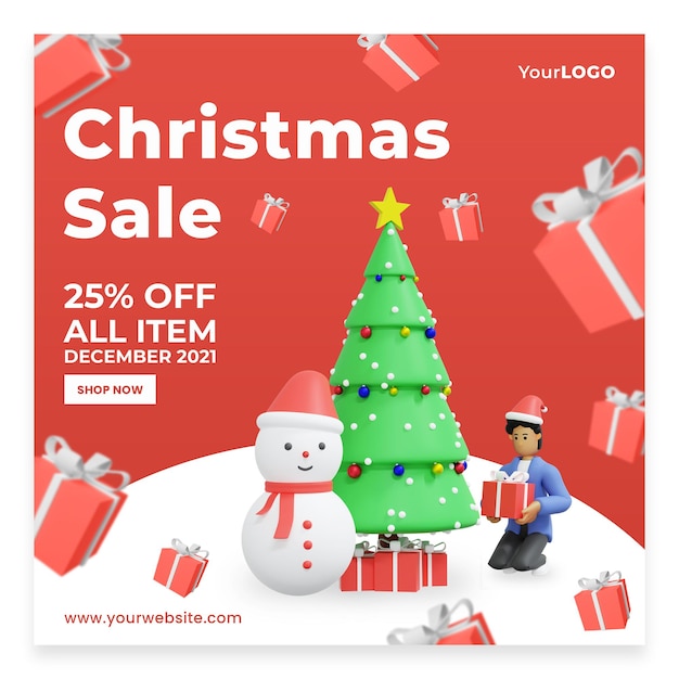 Post-Vorlage Rabatt-Verkauf feiert Weihnachten 3D-Rendering 3D-Darstellung Premium Psd