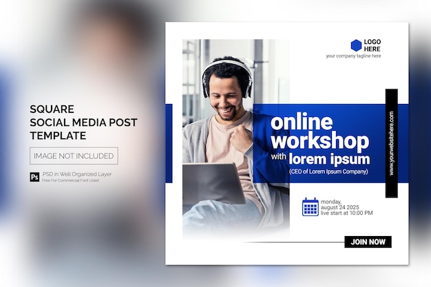 Postagem de curso on-line e webinar em mídia social ou modelo de banner quadrado da web