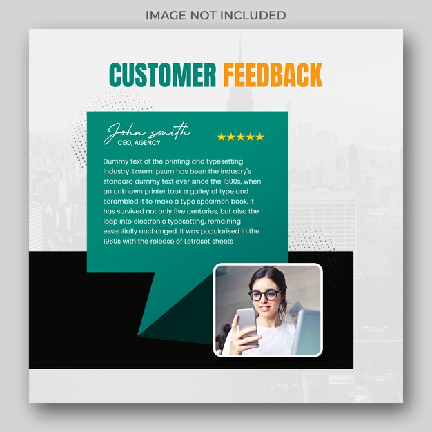 Postagem de depoimento de feedback do cliente em mídia social e banner de postagem no instagram ou modelo de banner da web