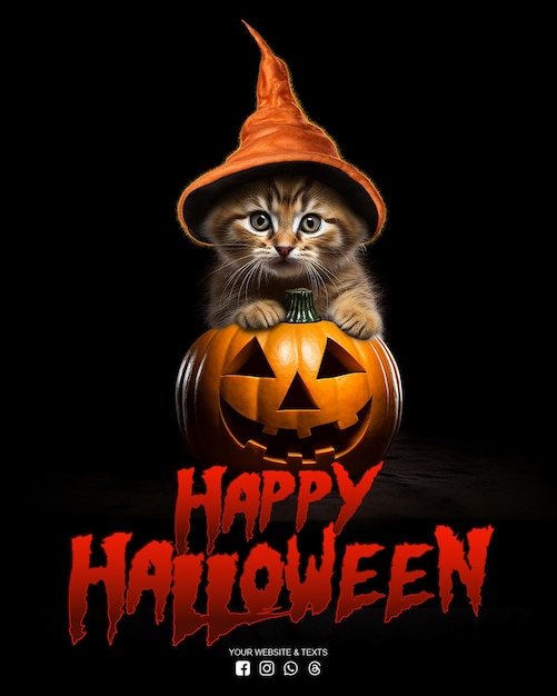 Postagem de Halloween nas redes sociais de gato preto e Jack O Lantern