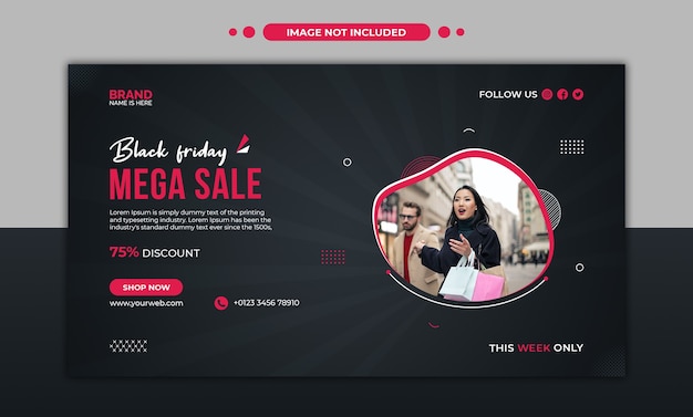Postagem de mega venda em mídia social de Black Friday e modelo de banner na web