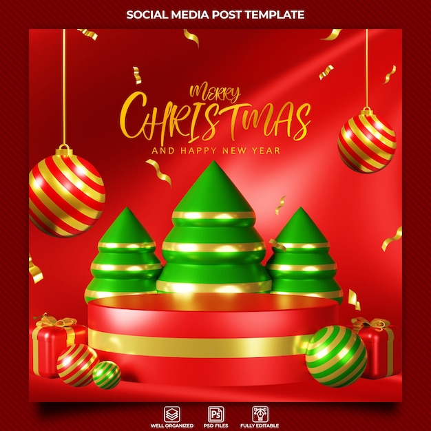 PSD postagem de mídia social de feliz natal com fundo de ilustração 3d