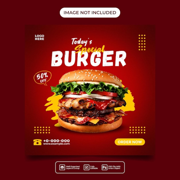 postagem de mídia social de menu de hambúrguer delicioso ou modelo de banner de folheto quadrado
