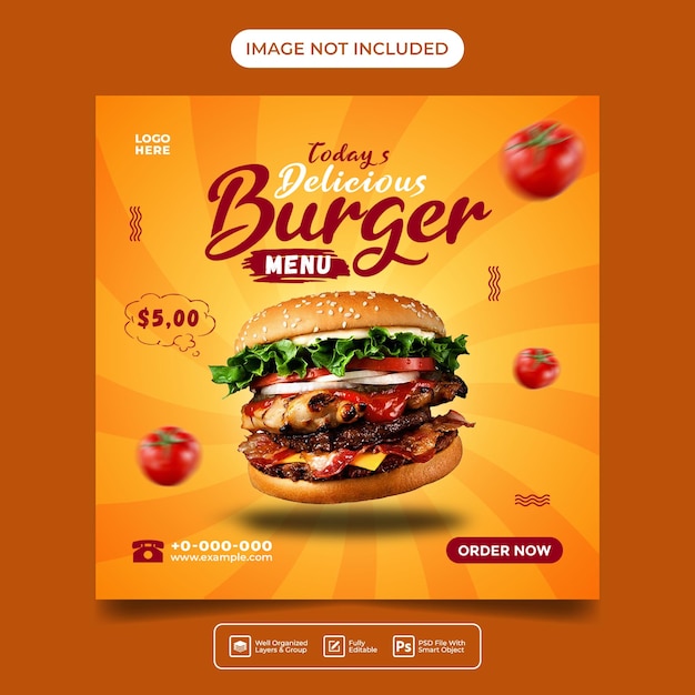 postagem de mídia social de menu de hambúrguer delicioso ou modelo de banner de folheto quadrado