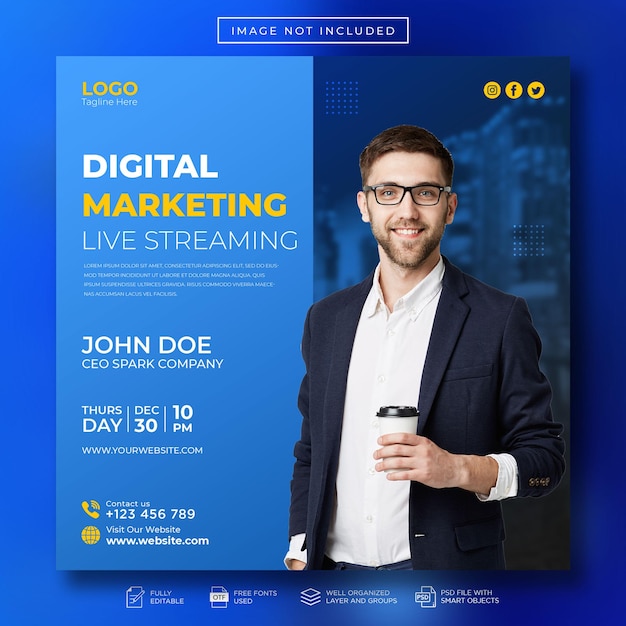 Postagem de mídia social de streaming ao vivo de marketing digital e modelo de banner da web