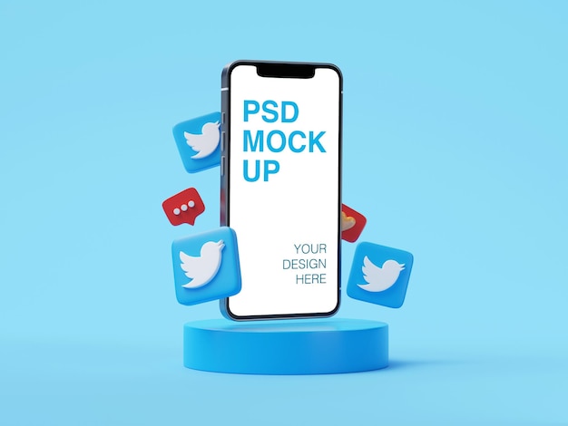 PSD postagem de mídia social do logotipo do twitter na maquete do telefone móvel com ícones 3d