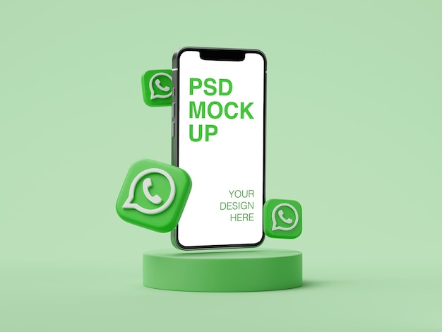 Postagem de mídia social do logotipo do whatsapp na maquete do telefone celular com ícones 3d