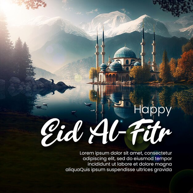 Postagem de mídia social feliz eid al fitr com lago de mesquita e fundo de montanhas imagem criativa de ai