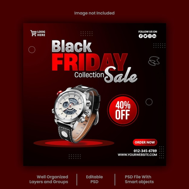 Postagem de mídia social psd black friday e modelo de design de banner de venda com desconto