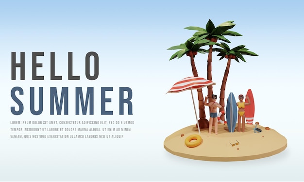 Postagem de modelo de banner de venda de verão 3d render com o personagem premium psd