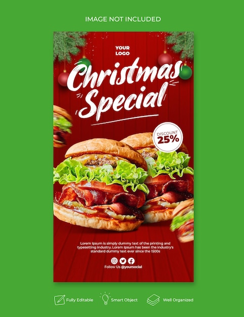 Postagem de natal nas redes sociais ou histórias no instagram para cardápio de fastfood de restaurante